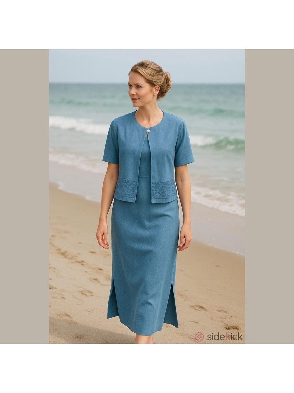 80s 2PC TALBOTS CORNFLOWER BLUE COASTAL SHEATH DRESS & JACKET W EMBROIDERY SZ 16